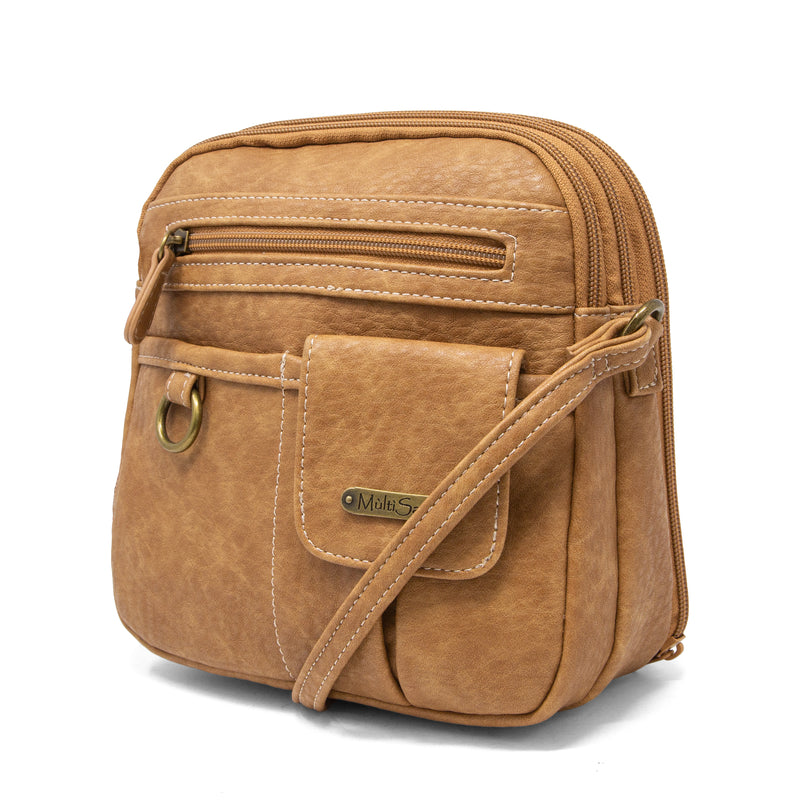 Crossbody bag in CAMEL Leather with outside pocket and Zipper. The