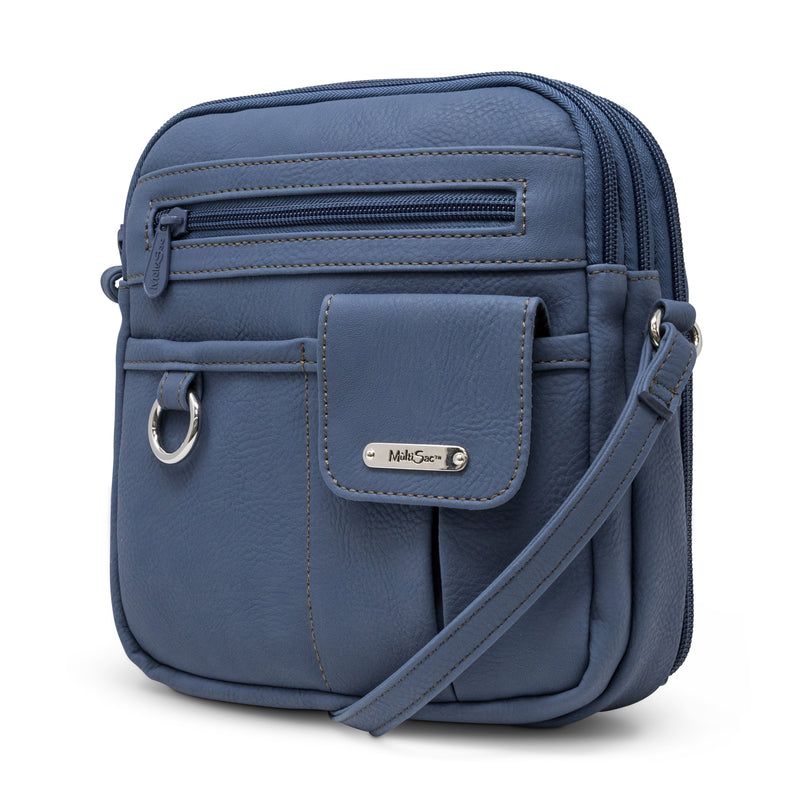 North South Zip Around Crossbody Bag - MultiSac Handbags - Women's Crossbody Bags - Multiple Pockets - Organizer Bags - Medium Crossbody Bag - Vegan Leather- Built in wallet with credit cart slots - Denim / blue  - Washable Bags