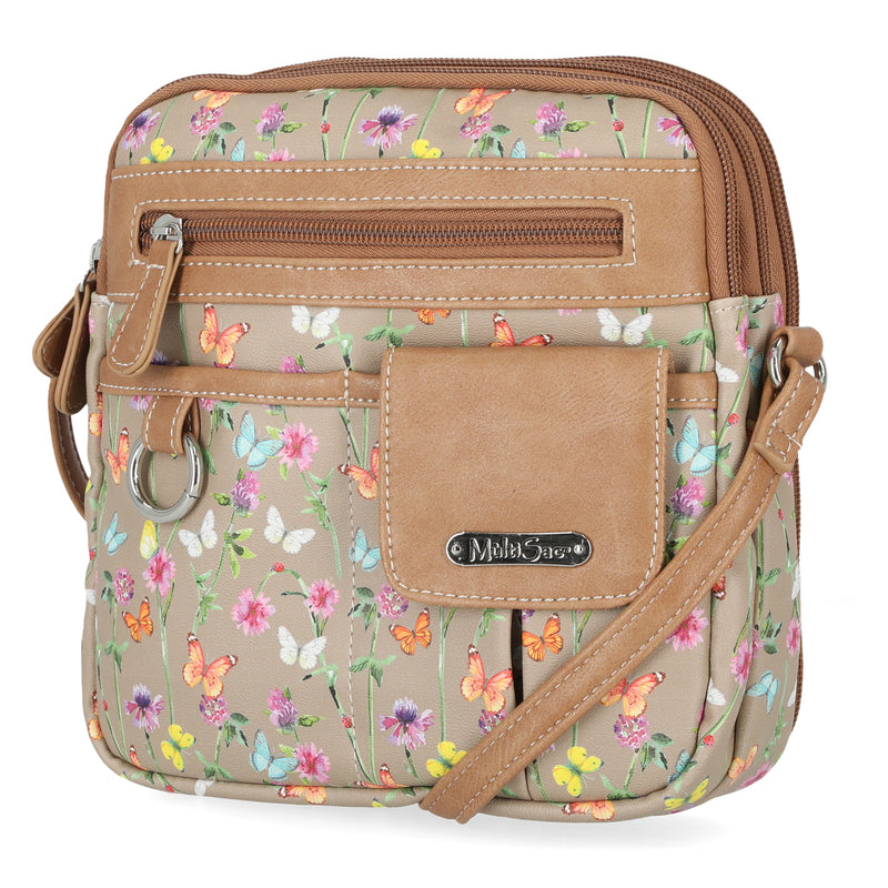 North South Zip Around Crossbody Bag - MultiSac Handbags - Women's Crossbody Bags - Multiple Pockets - Organizer Bags - Medium Crossbody Bag - Vegan Leather- Built in wallet with credit cart slots -  Belladonna Floral