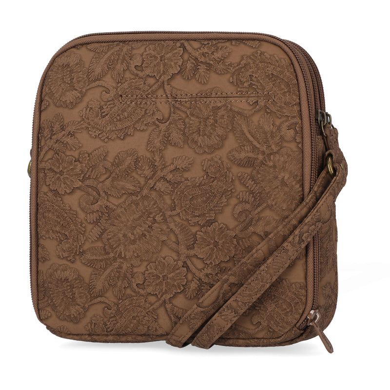 North South Zip Around Crossbody Bag - MultiSac Handbags - Women's Crossbody Bags - Multiple Pockets - Organizer Bags - Medium Crossbody Bag - Vegan Leather- Built in wallet with credit cart slots - Latte Paisley Park