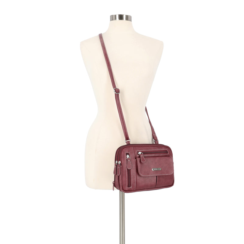 Zippy Triple Compartment Crossbody Bag - MultiSac Handbags - Women's Crossbody Bags - Multiple Pockets - Organizer Bags - Medium Crossbody Bag - Vegan Leather- Built in wallet with credit cart slots-  Burgundy