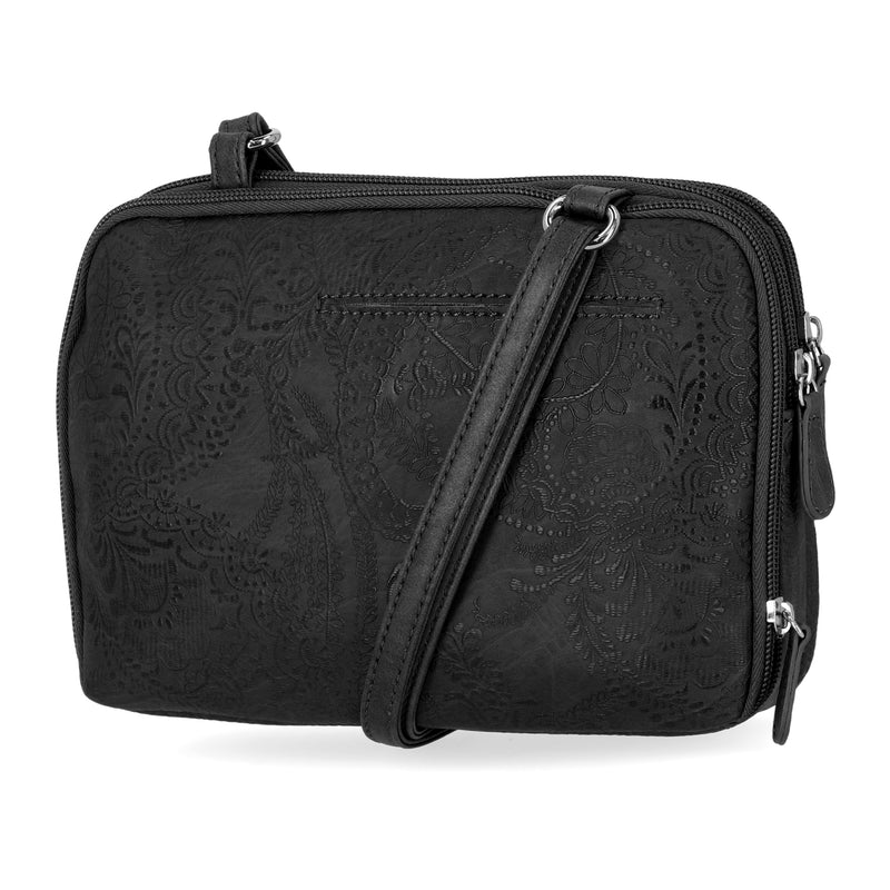 Zippy Triple Compartment Crossbody Bag - MultiSac Handbags - Women's Crossbody Bags - Multiple Pockets - Organizer Bags - Medium Crossbody Bag - Vegan Leather- Built in wallet with credit cart slotsZippy Triple Compartment Crossbody Bag - MultiSac Handbags - Women's Crossbody Bags - Multiple Pockets - Organizer Bags - Medium Crossbody Bag - Vegan Leather- Built in wallet with credit cart slots - black stitched floral 