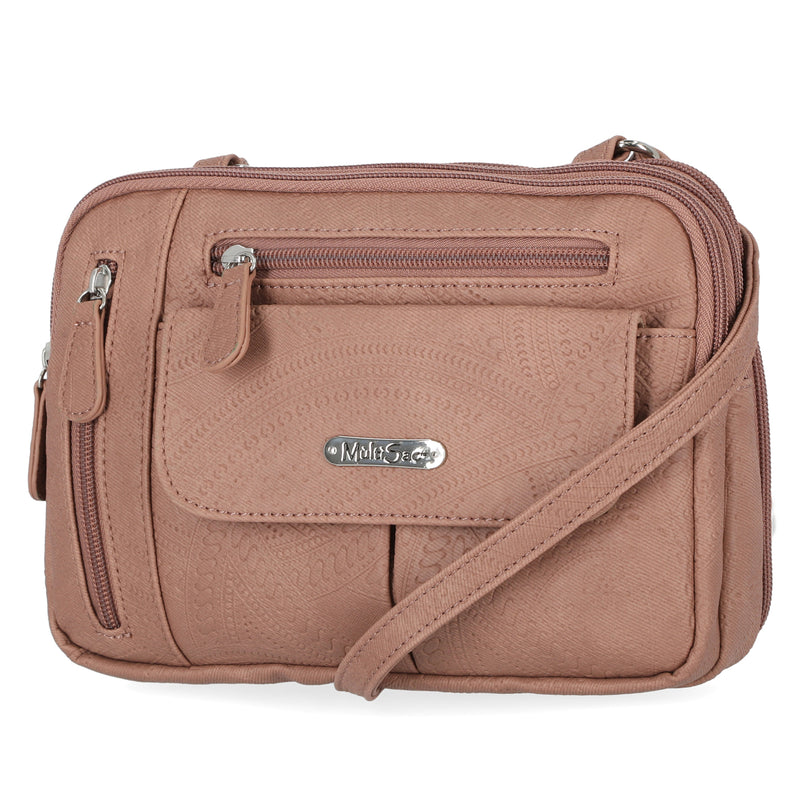 Zippy Triple Compartment Crossbody Bag - MultiSac Handbags - Women's Crossbody Bags - Multiple Pockets - Organizer Bags - Medium Crossbody Bag - Vegan Leather- Built in wallet with credit cart slots - stitched floral dusty pink