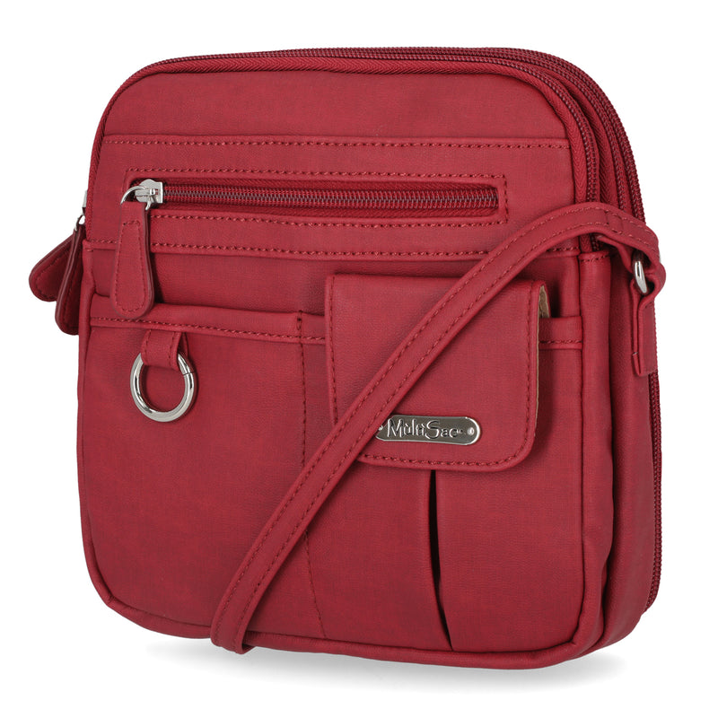 North South Zip Around Crossbody Bag - MultiSac Handbags - Women's Crossbody Bags - Multiple Pockets - Organizer Bags - Medium Crossbody Bag - Vegan Leather- Built in wallet with credit cart slots - Garnet