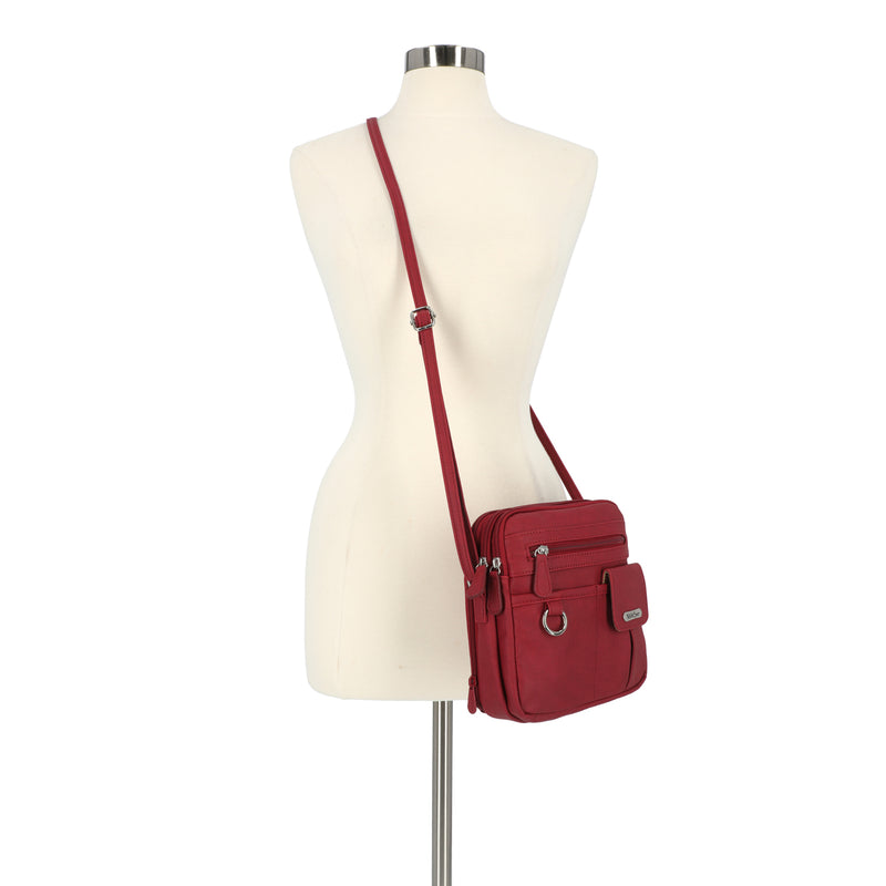 North South Zip Around Crossbody Bag - MultiSac Handbags - Women's Crossbody Bags - Multiple Pockets - Organizer Bags - Medium Crossbody Bag - Vegan Leather- Built in wallet with credit cart slots - Garnet