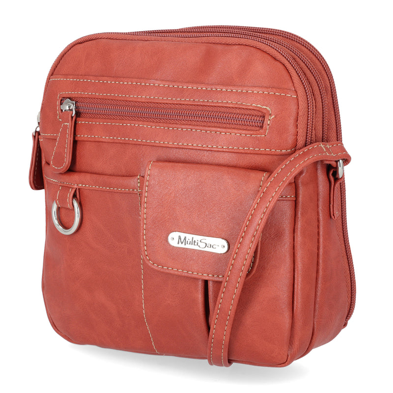 North South Zip Around Crossbody Bag - MultiSac Handbags - Women's Crossbody Bags - Multiple Pockets - Organizer Bags - Medium Crossbody Bag - Vegan Leather- Built in wallet with credit cart slots - Spice