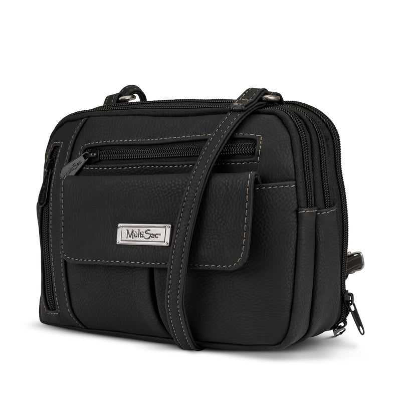 Zippy Triple Compartment Crossbody Bag - MultiSac Handbags - Women's Crossbody Bags - Multiple Pockets - Organizer Bags - Medium Crossbody Bag - Vegan Leather- Built in wallet with credit cart slots - Black Hunter