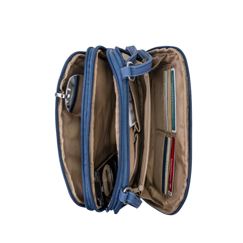 Zippy Triple Compartment Crossbody Bag - MultiSac Handbags - Women's Crossbody Bags - Multiple Pockets - Organizer Bags - Medium Crossbody Bag - Vegan Leather- Built in wallet with credit cart slots - Denim Hunter 