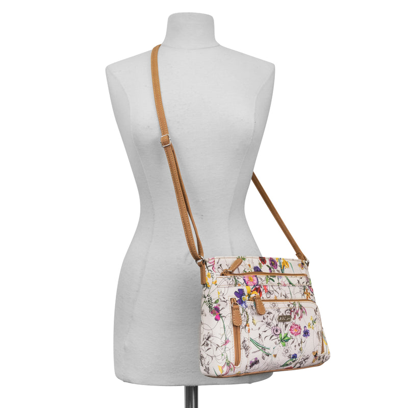 Summerville East West Crossbody Bag - MultiSac Handbags - Women's Crossbody Bags - Multiple Pockets - Organizer Bags - Medium Crossbody Bag - Vegan Leather- Vienna Floral / Hazelnut Brown