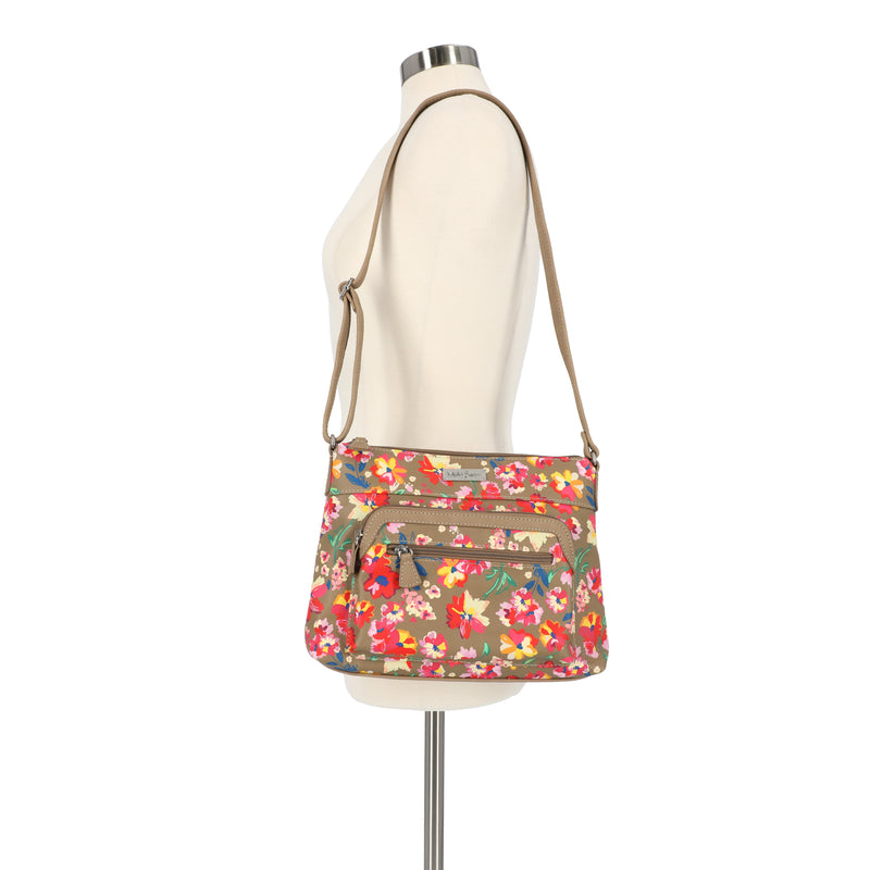 Evans Crossbody Bag - Women's Crossbody Bags - MultiSac Handbags - Organizer Bags - Multiple Pockets - Firework Floral / Wheat