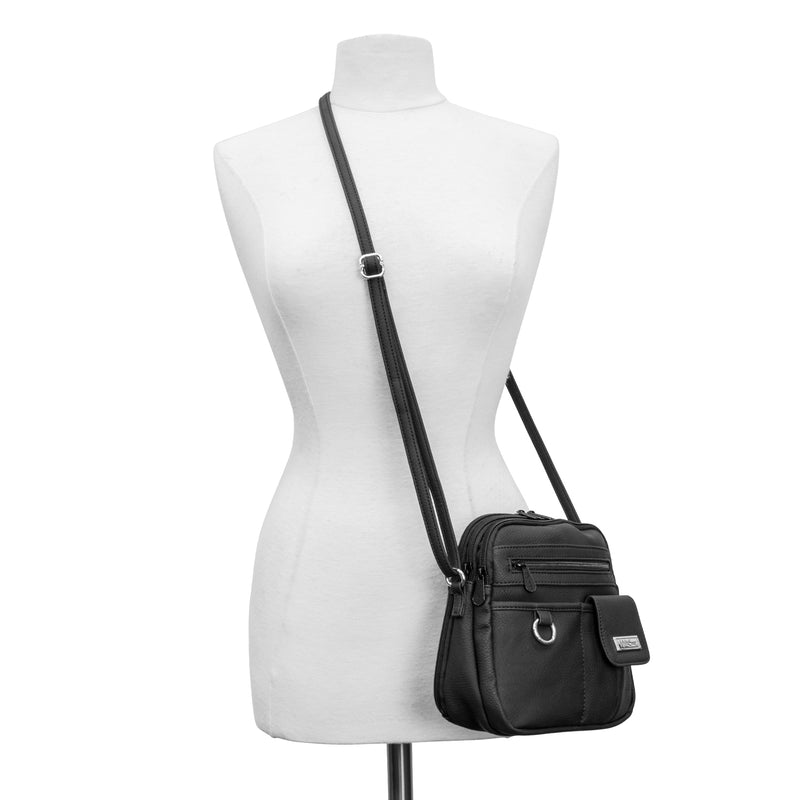 North South Zip Around Crossbody Bag - MultiSac Handbags - Women's Crossbody Bags - Multiple Pockets - Organizer Bags - Medium Crossbody Bag - Vegan Leather- Built in wallet with credit cart slots - Black - Washable Bags