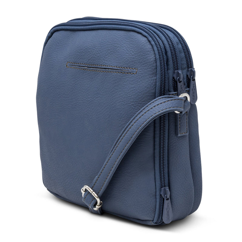 North South Zip Around Crossbody Bag - MultiSac Handbags - Women's Crossbody Bags - Multiple Pockets - Organizer Bags - Medium Crossbody Bag - Vegan Leather- Built in wallet with credit cart slots - Denim / blue  - Washable Bags