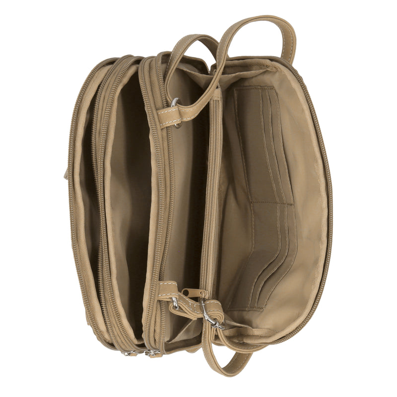 Zippy Triple Compartment Crossbody Bag - MultiSac Handbags - Women's Crossbody Bags - Multiple Pockets - Organizer Bags - Medium Crossbody Bag - Vegan Leather- Built in wallet with credit cart slots - Chino / Beige - Washable Bags